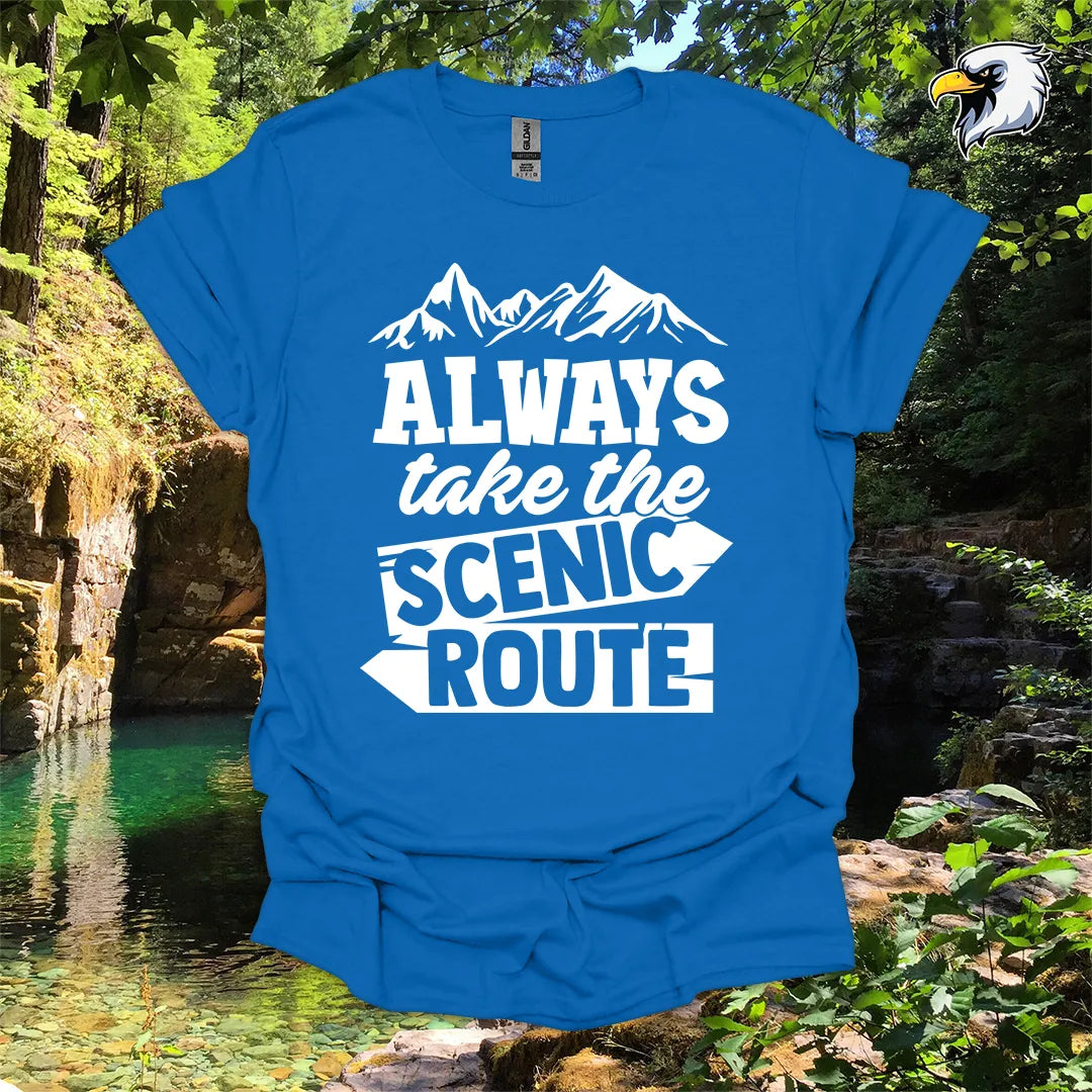 “Always Take the Scenic Route” hiking t-shirt – Mountain Graphic