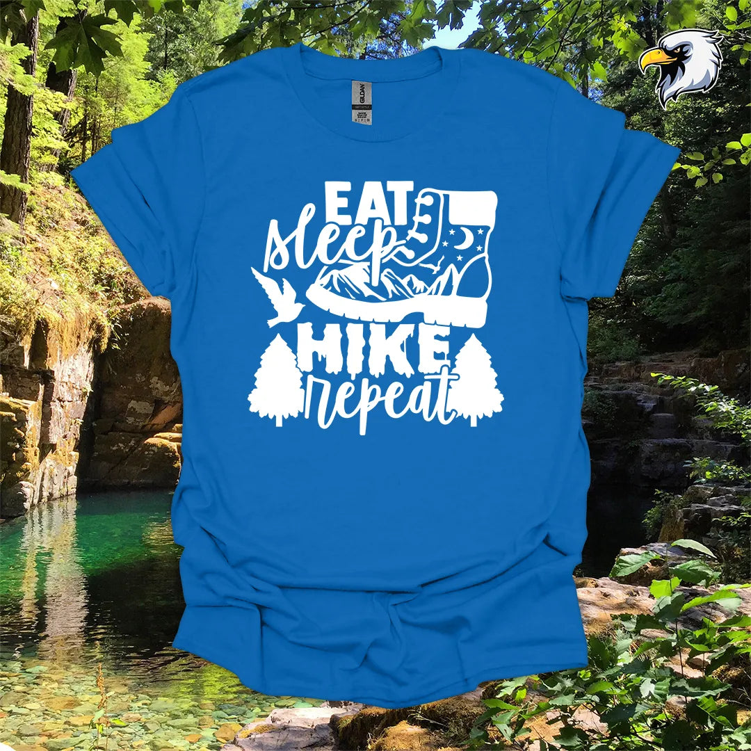 “Eat Sleep Hike Repeat” hiking t-shirt – Boot and Mountain Graphic