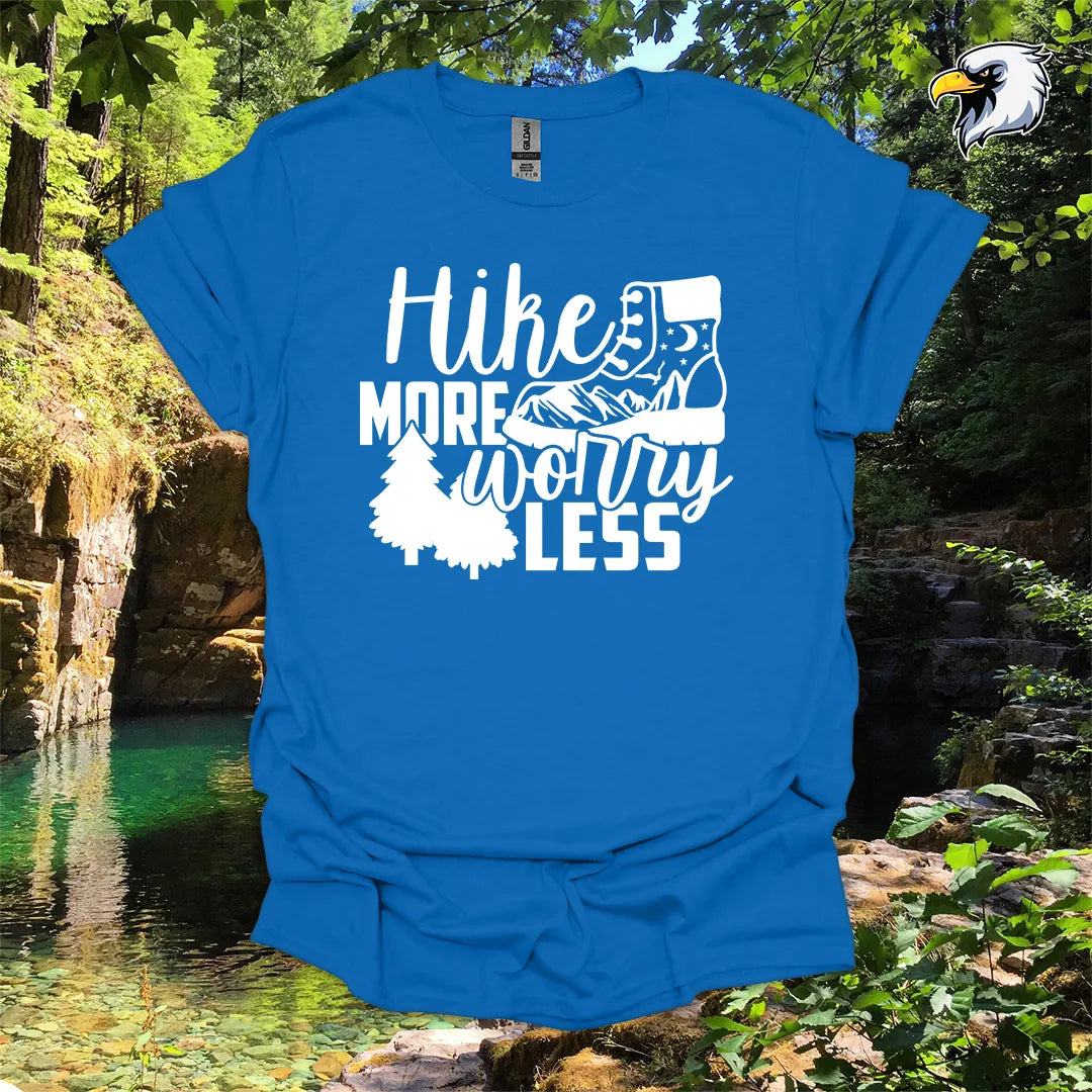 “Hike More Worry Less” hiking t-shirt – Mountain Boot Graphic