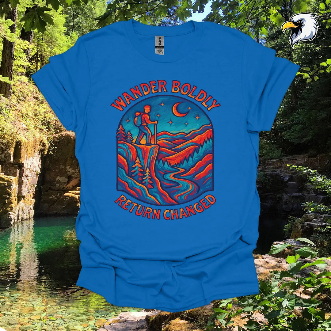 “Wander Boldly Return Changed” hiking t-shirt – Vibrant Mountain Graphic