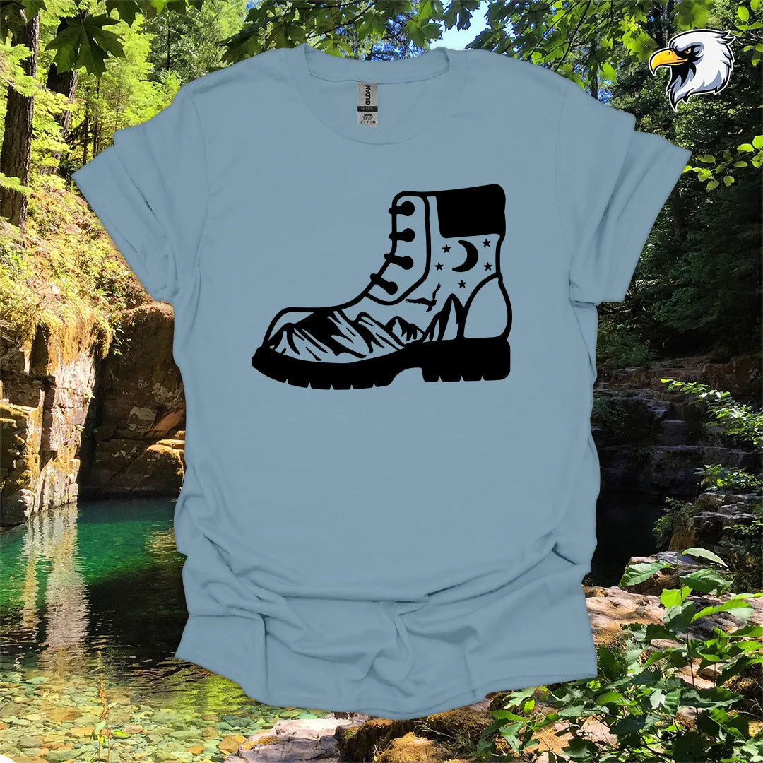 “Hiking Boots, Mountain Views” hiking t-shirt – Night Sky Graphic