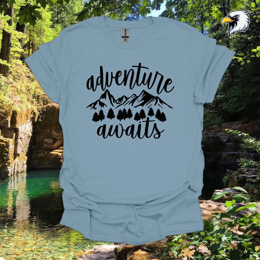 “Adventure Awaits” hiking t-shirt – Mountain & Forest Graphic