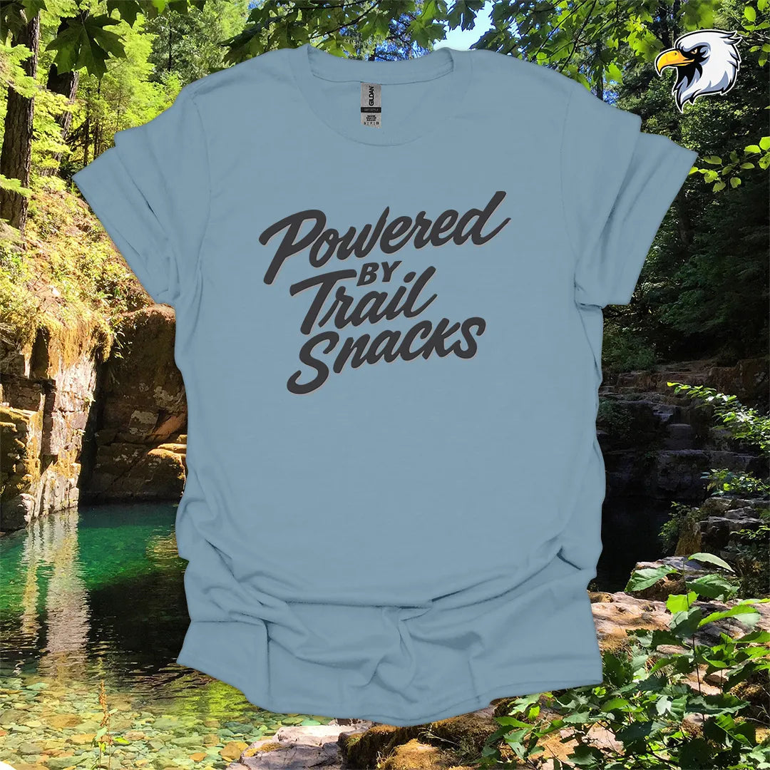 “Powered by Trail Snacks” Hiking T-Shirt – Bold Script Graphic