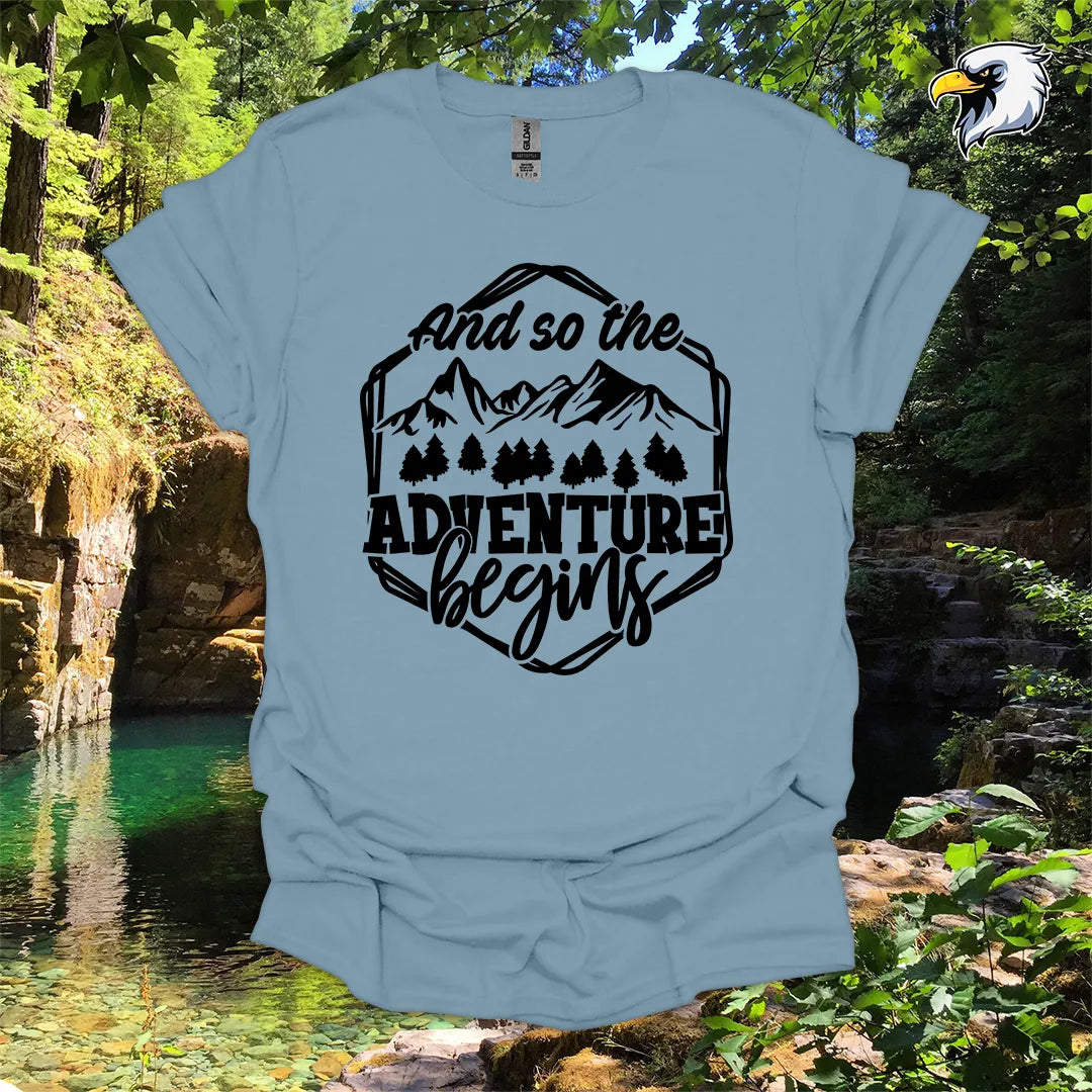 “And so the Adventure Begins” hiking t-shirt – Mountain Graphic