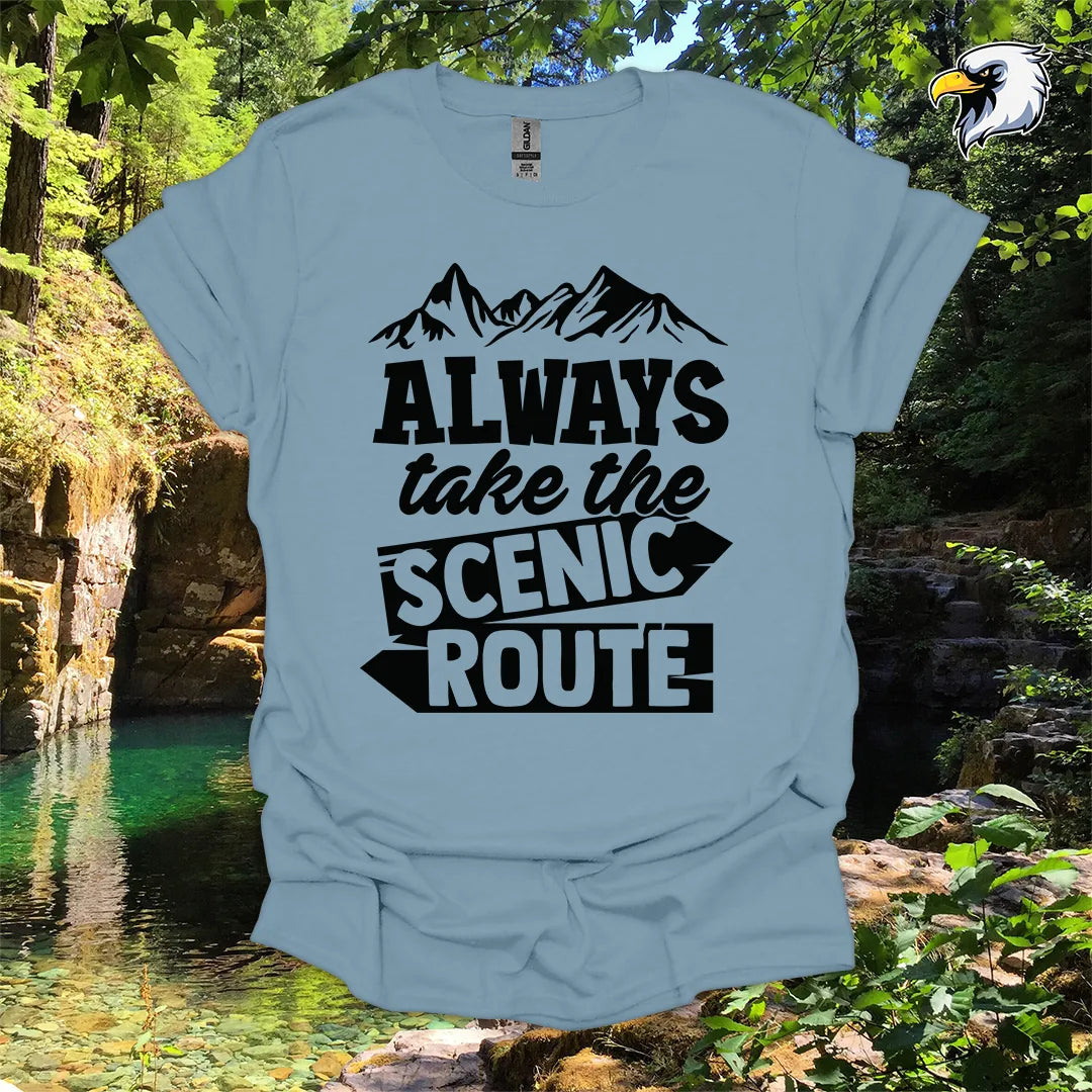 “Always Take the Scenic Route” hiking t-shirt – Mountain Graphic