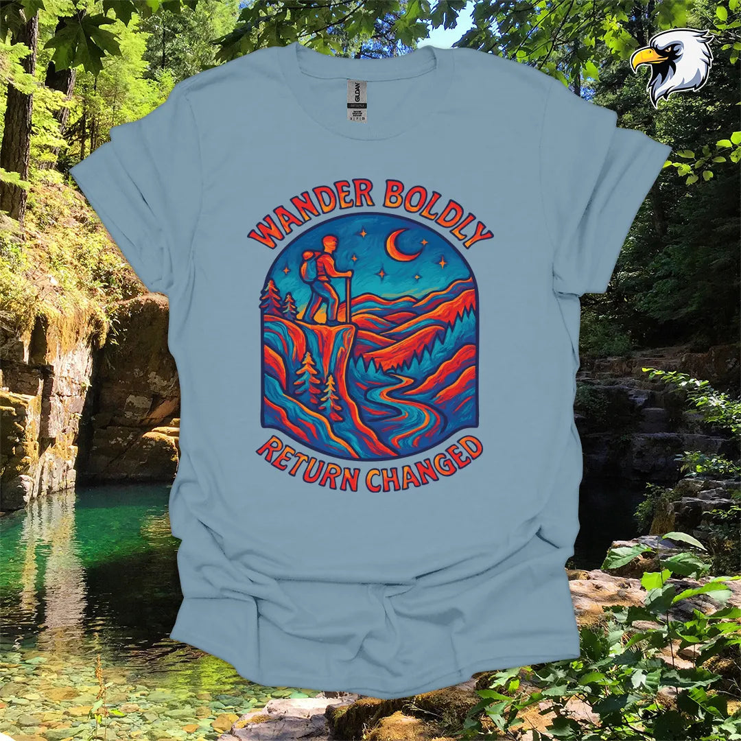 “Wander Boldly Return Changed” hiking t-shirt – Vibrant Mountain Graphic