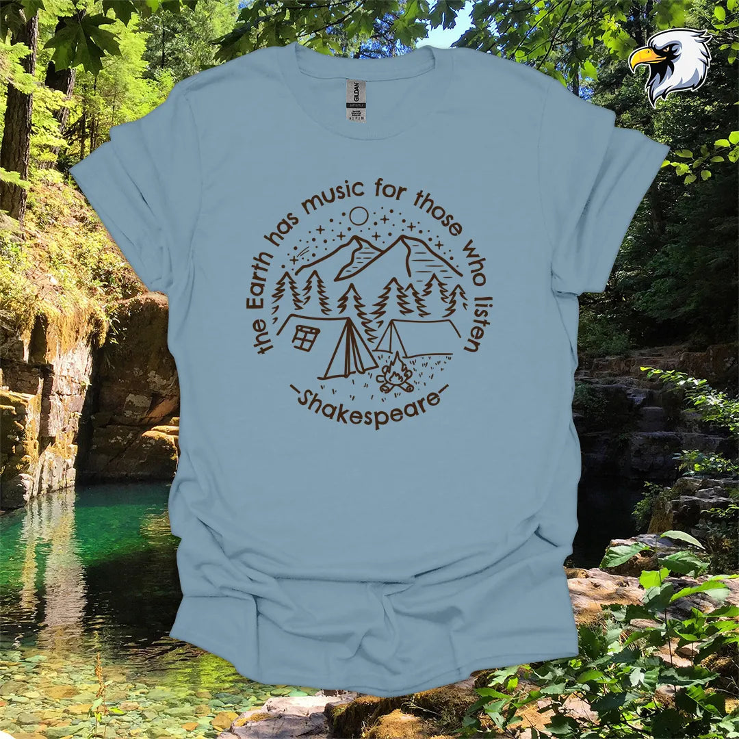 “The Earth has music for those who listen” hiking t-shirt – Campfire Mountain Graphic