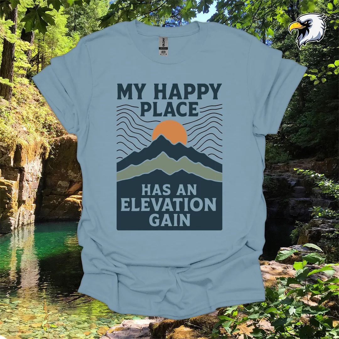 “My Happy Place Has an Elevation Gain” Hiking T-Shirt – Mountain Graphic
