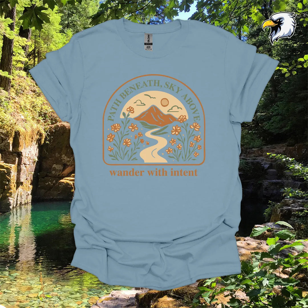 “Path Beneath, Sky Above” hiking t-shirt – Mountain & Wildflower Graphic