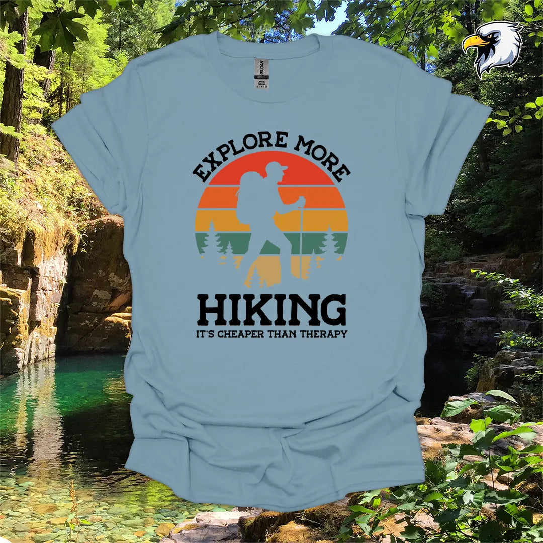 “Explore More Hiking, It’s Cheaper Than Therapy” men's hiking t-shirt – Retro Sunset Graphic