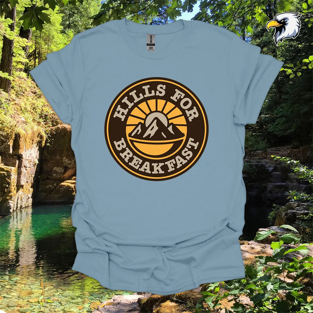 “Hills for Breakfast” hiking t-shirt – Retro Mountain Graphic