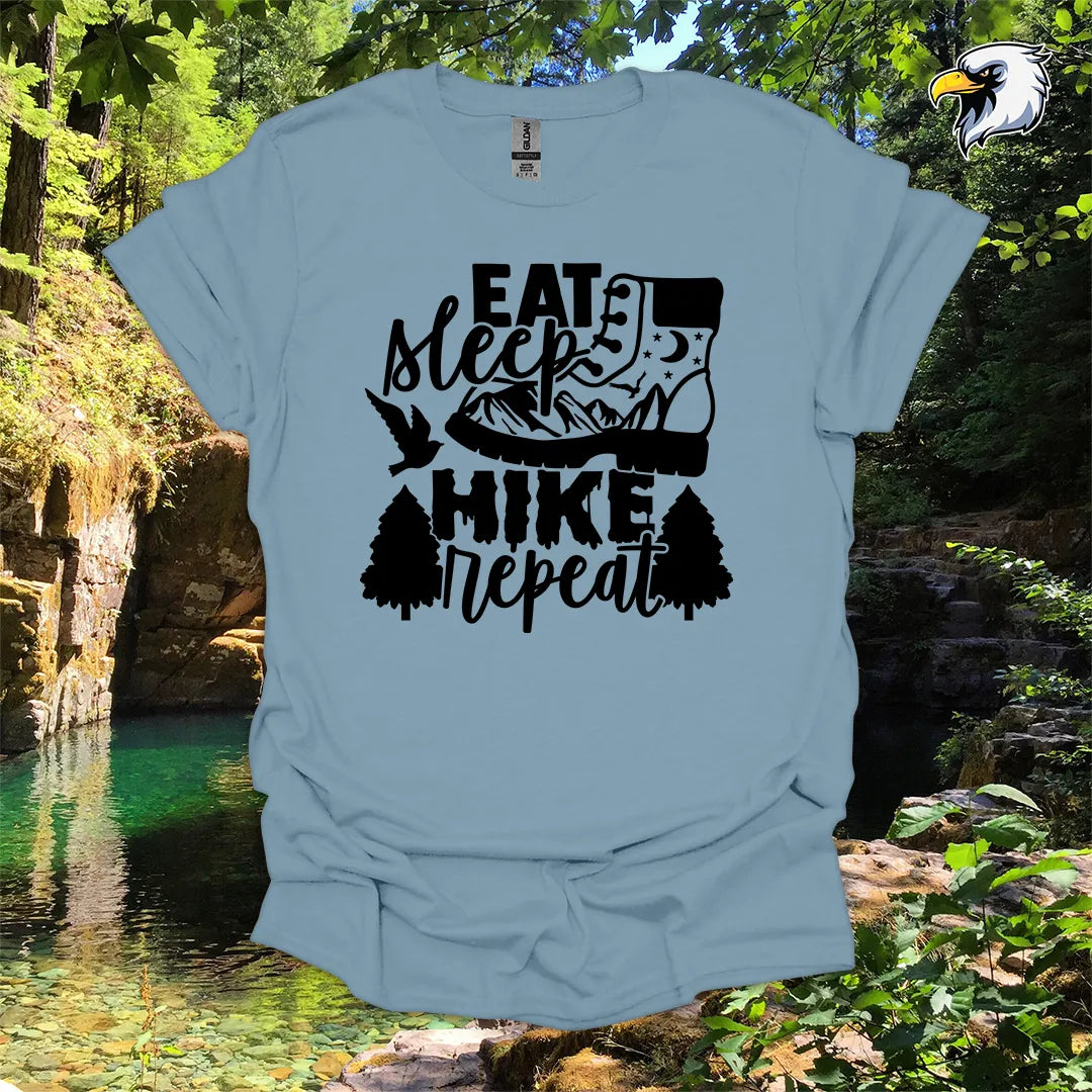 “Eat Sleep Hike Repeat” hiking t-shirt – Boot and Mountain Graphic