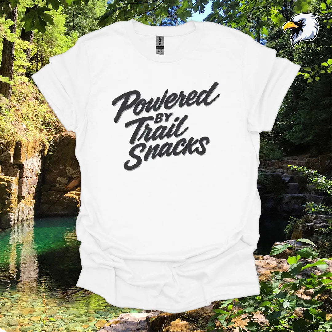 “Powered by Trail Snacks” Hiking T-Shirt – Bold Script Graphic
