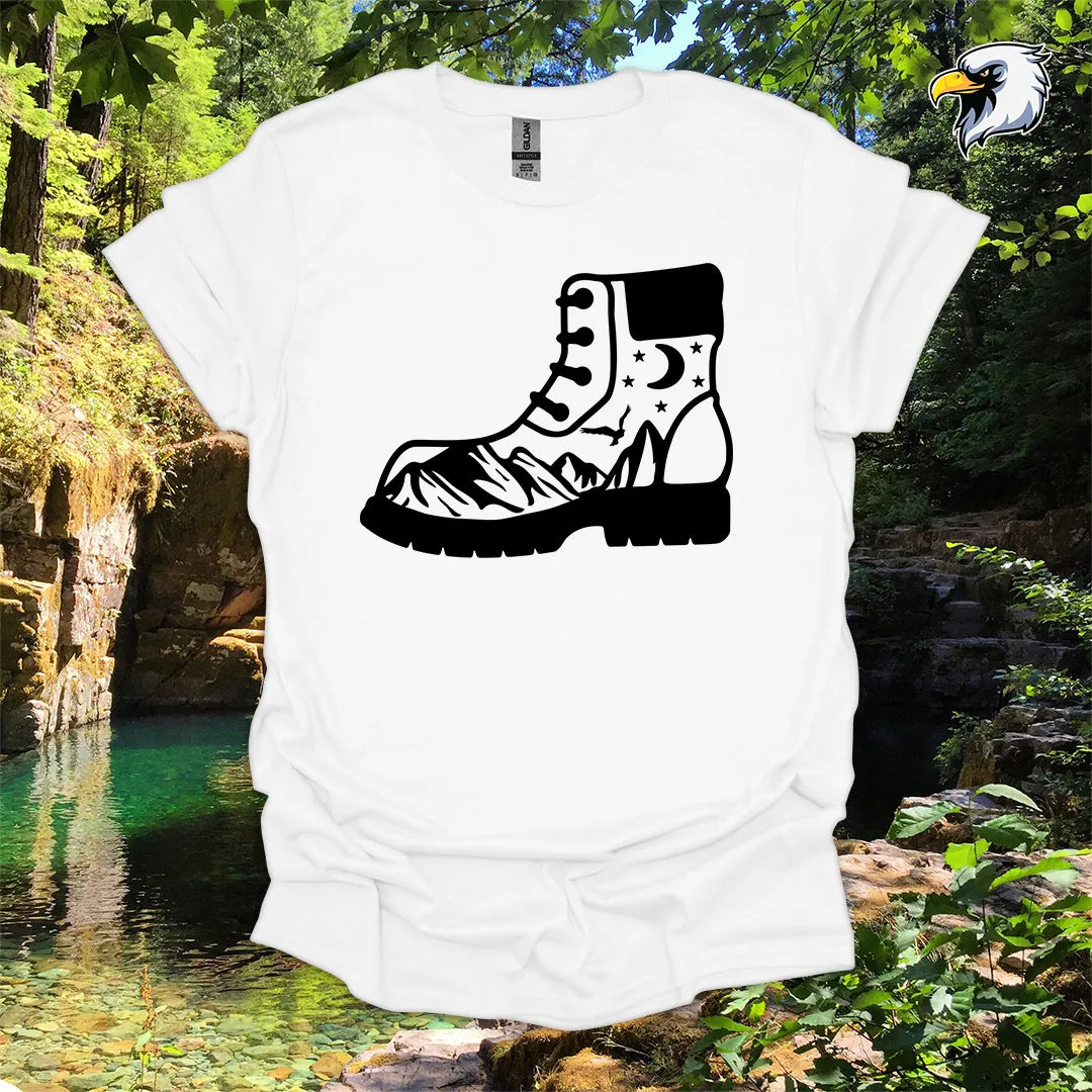 “Hiking Boots, Mountain Views” hiking t-shirt – Night Sky Graphic