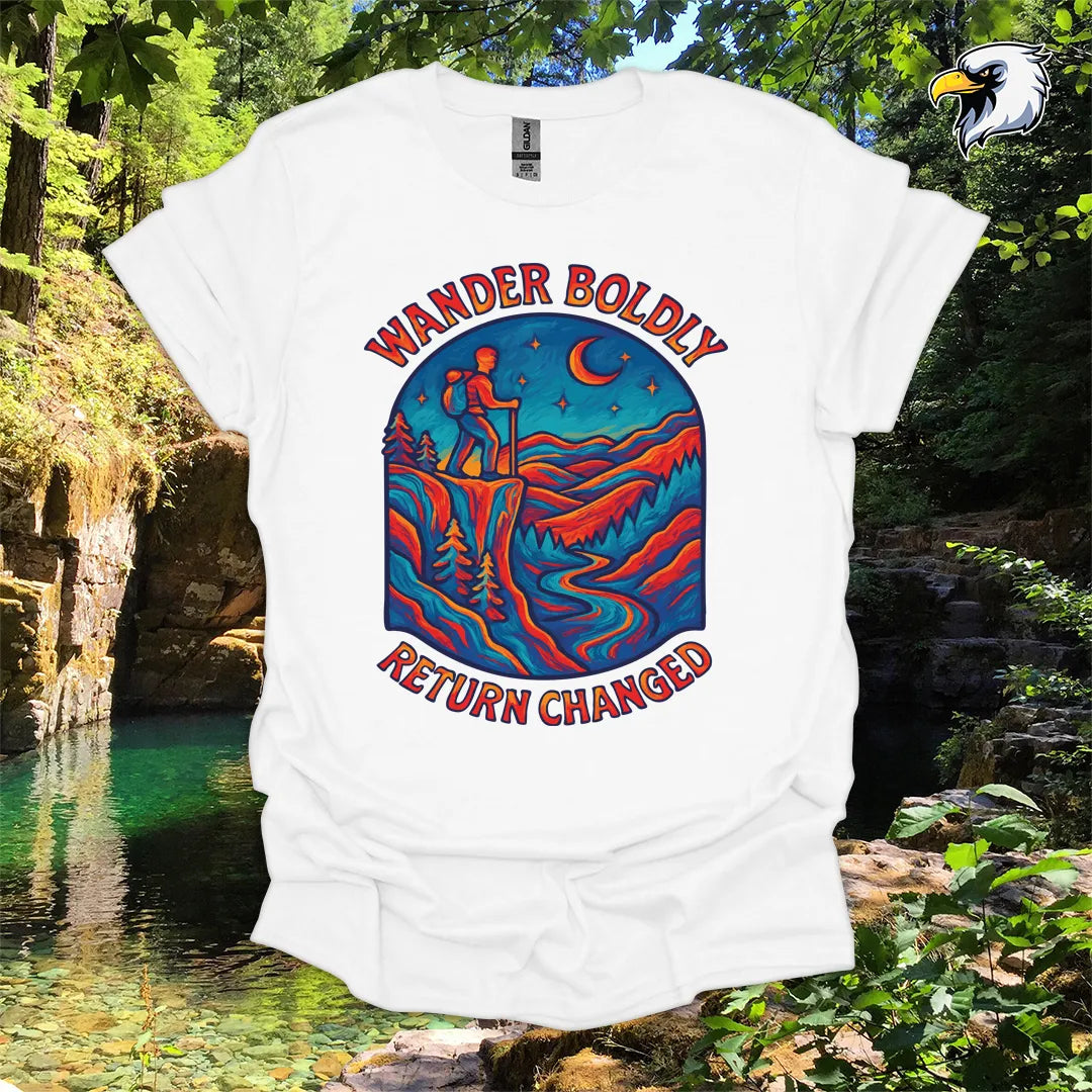 “Wander Boldly Return Changed” hiking t-shirt – Vibrant Mountain Graphic