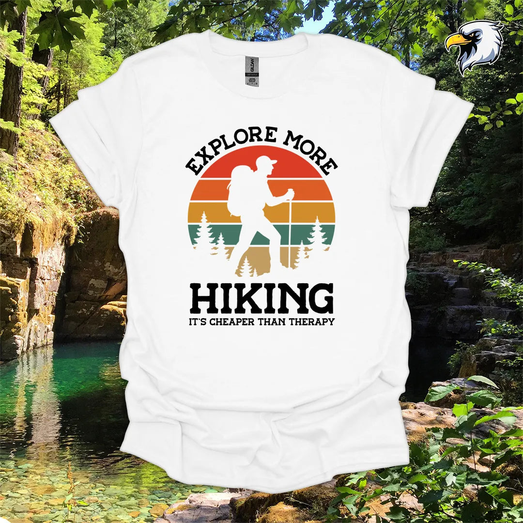 “Explore More Hiking, It’s Cheaper Than Therapy” men's hiking t-shirt – Retro Sunset Graphic