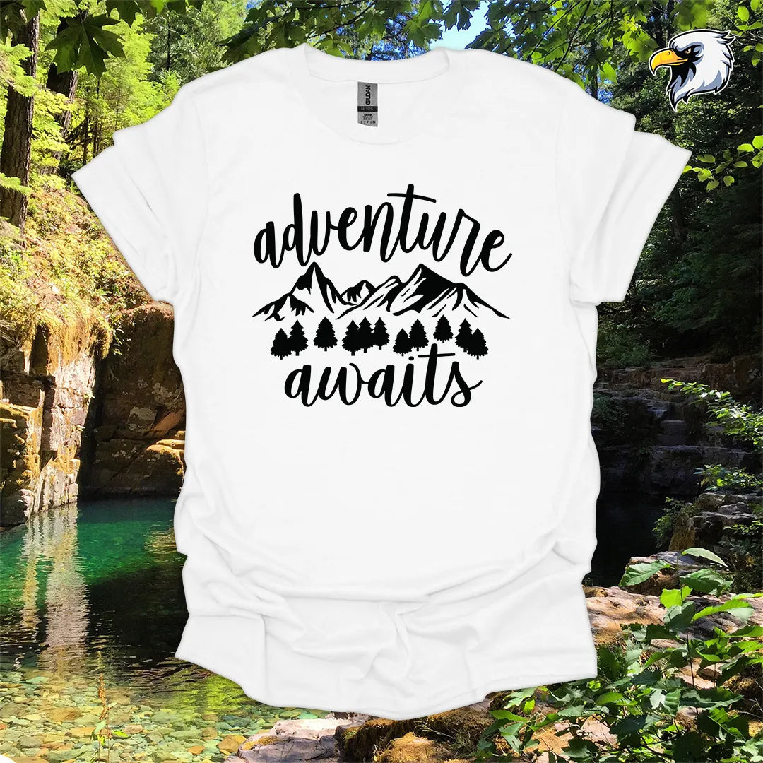 “Adventure Awaits” hiking t-shirt – Mountain & Forest Graphic
