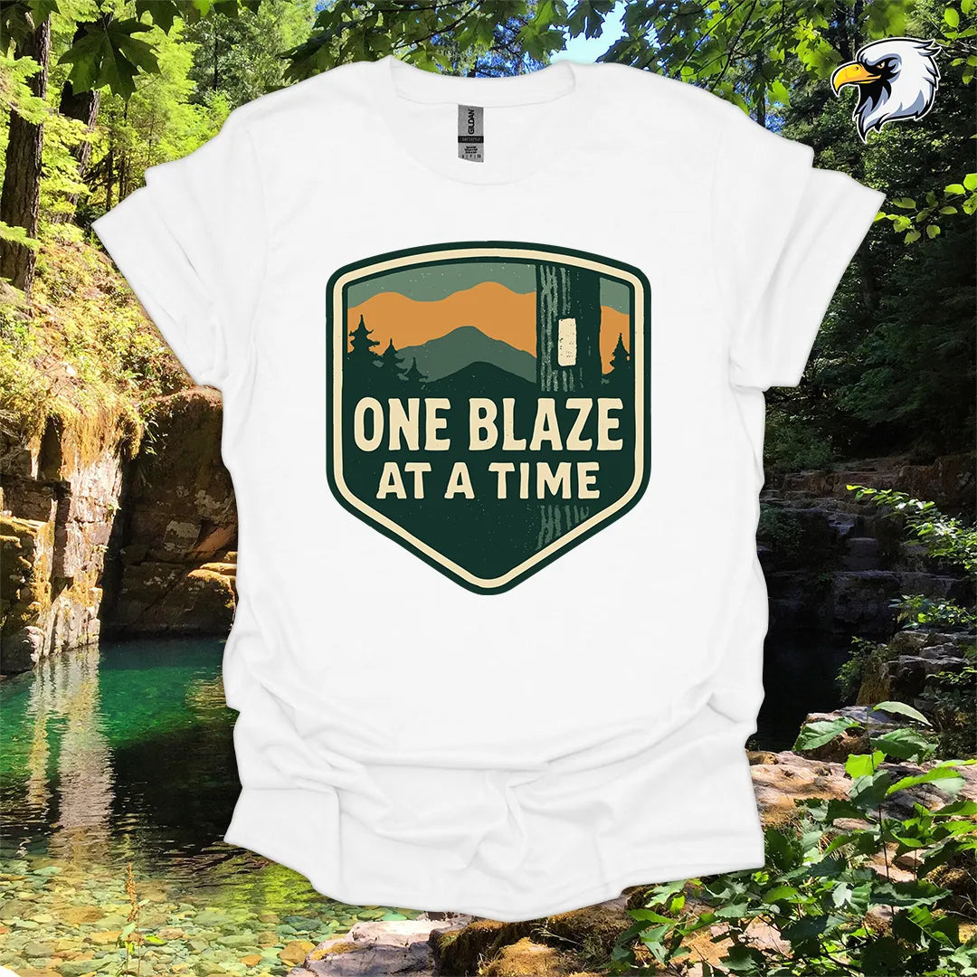 “One Blaze at a Time” Hiking T-Shirt – Mountain Badge Graphic