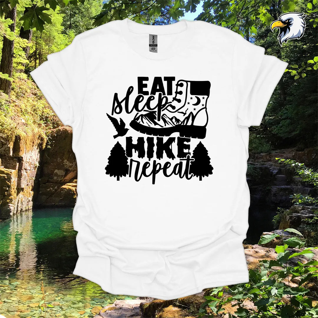 “Eat Sleep Hike Repeat” hiking t-shirt – Boot and Mountain Graphic