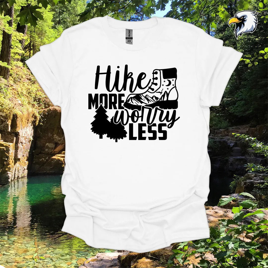 “Hike More Worry Less” hiking t-shirt – Mountain Boot Graphic