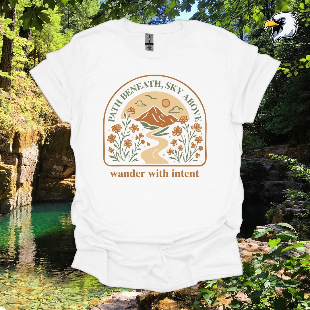 “Path Beneath, Sky Above” hiking t-shirt – Mountain & Wildflower Graphic