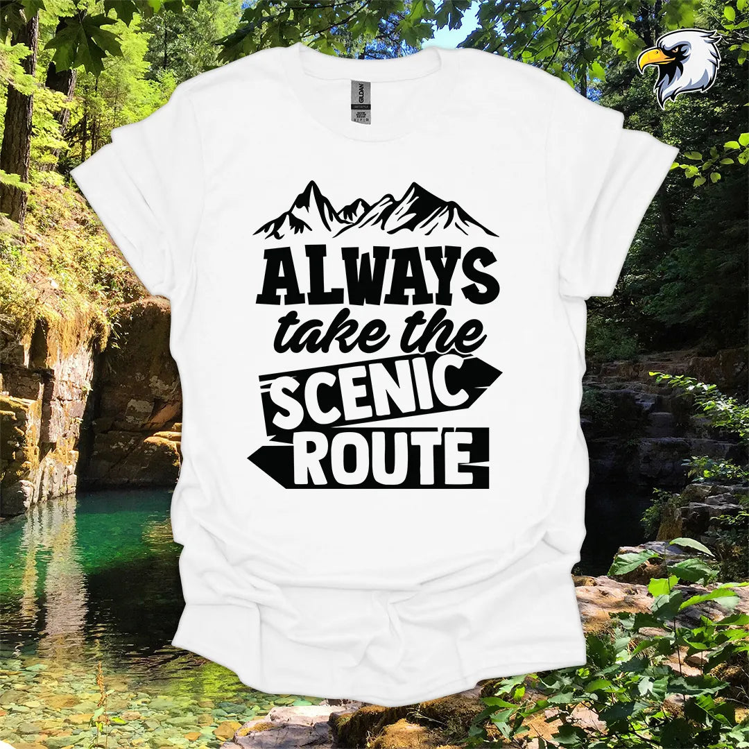“Always Take the Scenic Route” hiking t-shirt – Mountain Graphic