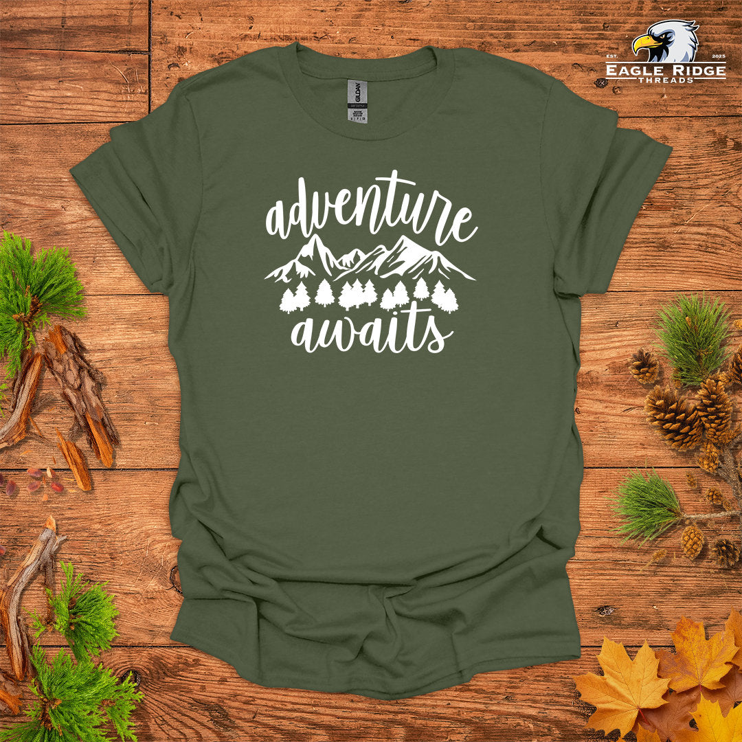 Adventure Awaits • Hiking T-shirt • Mountain Forest Graphic