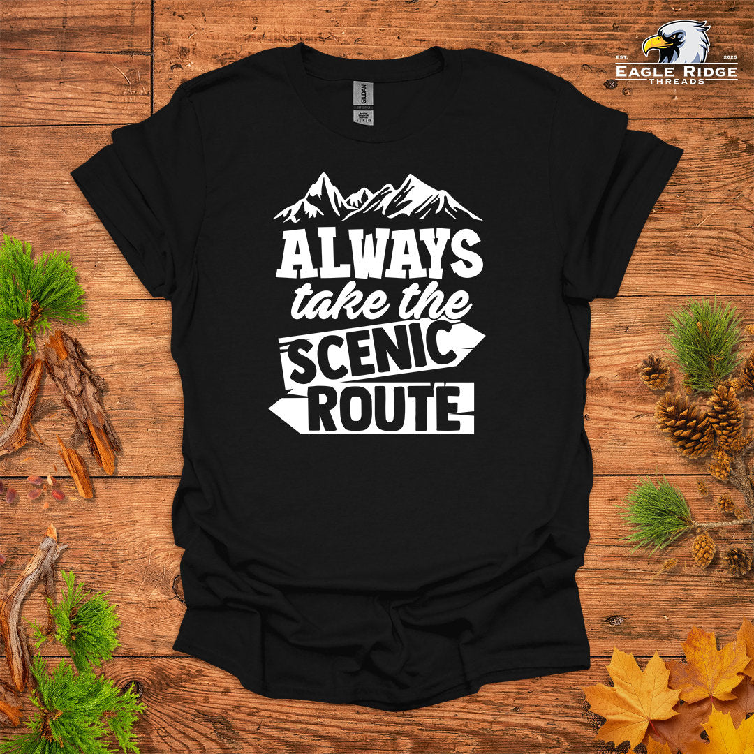 Always Take The Scenic Route • Hiking T-shirt • Mountain Graphic Quote