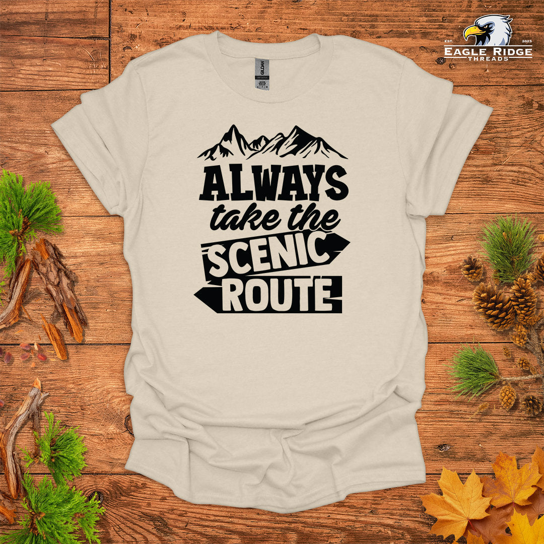 Always Take The Scenic Route • Hiking T-shirt • Mountain Graphic Quote