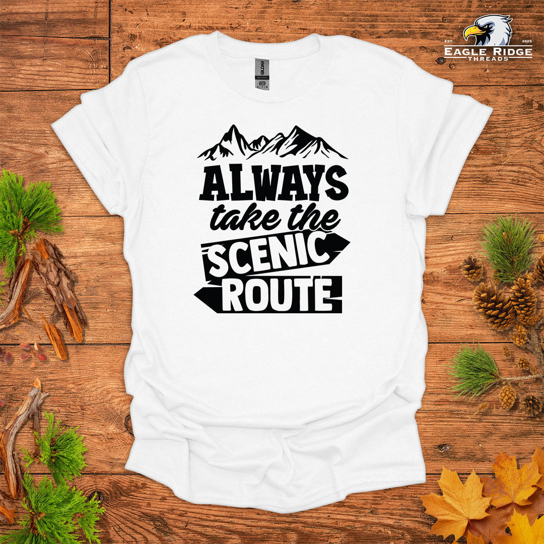 Always Take The Scenic Route • Hiking T-shirt • Mountain Graphic Quote