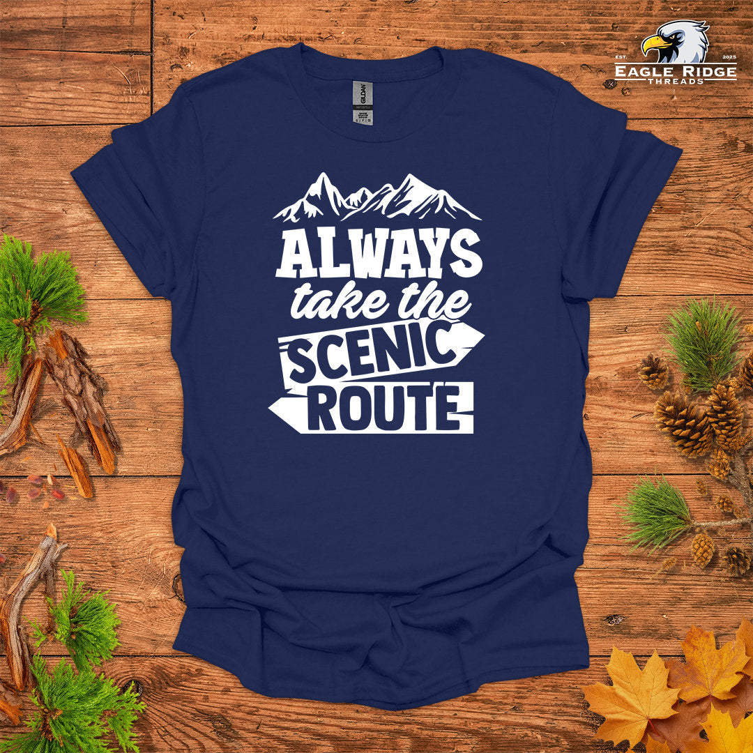 Always Take The Scenic Route • Hiking T-shirt • Mountain Graphic Quote