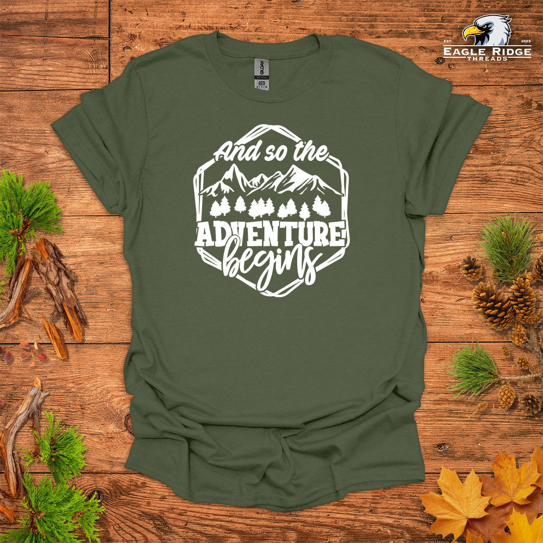 And So The Adventure Begins • Hiking T-shirt • Mountain Forest Graphic