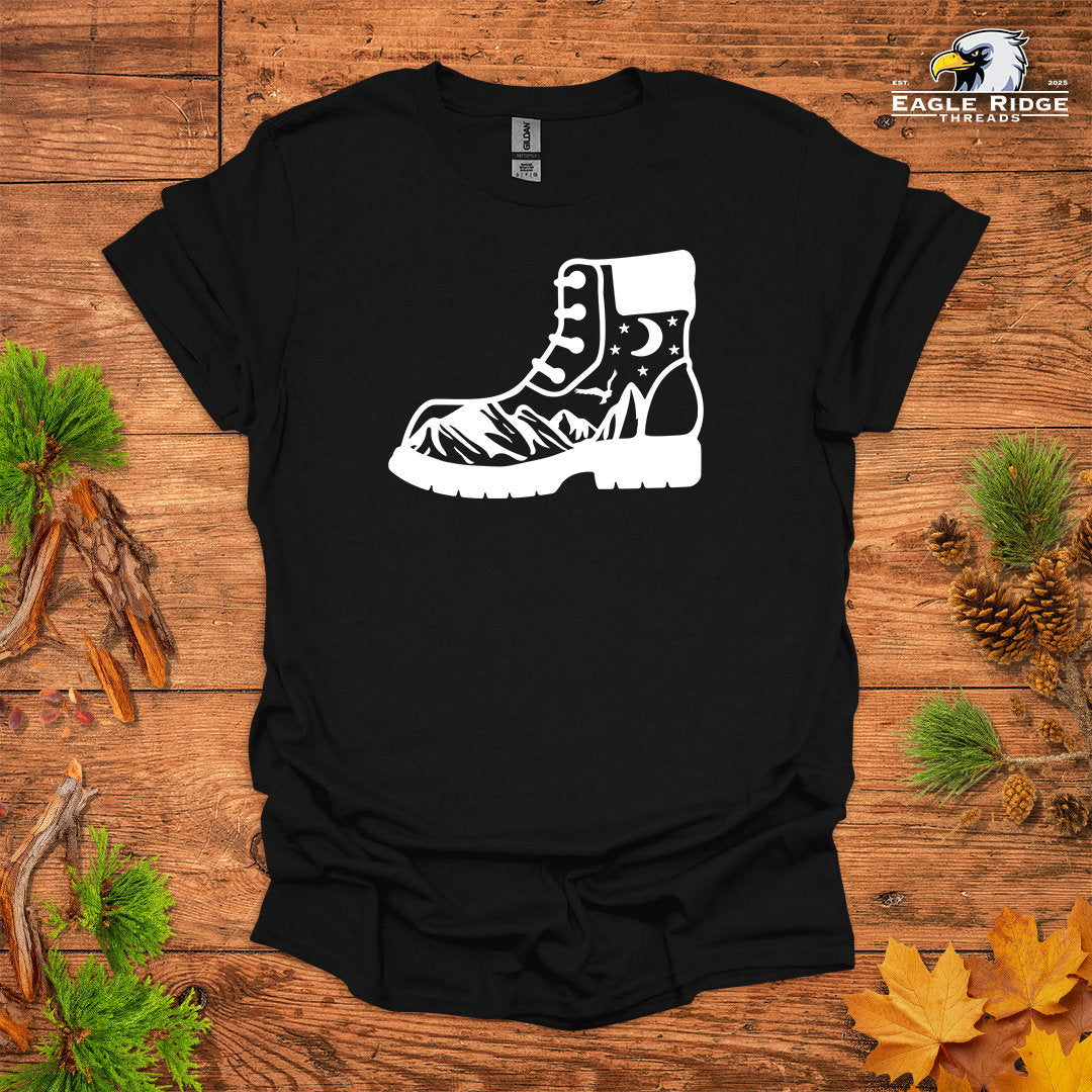 Hiking Boot Mountain Scene • Hiking T-shirt • Wilderness Graphic
