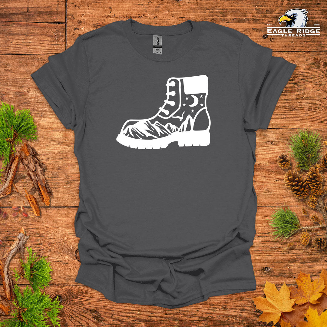 Hiking Boot Mountain Scene • Hiking T-shirt • Wilderness Graphic