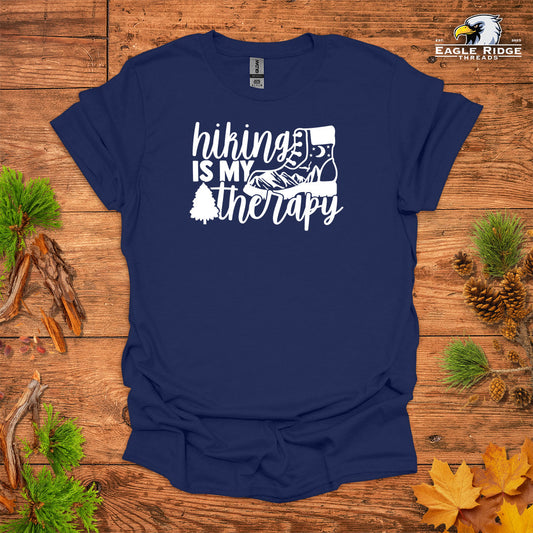 Hiking Is My Therapy • Hiking T-shirt • Boot & Mountain Graphic