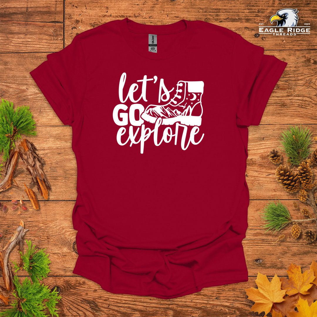 Let’s Go Explore • Hiking T-shirt • Mountain Boot Graphic