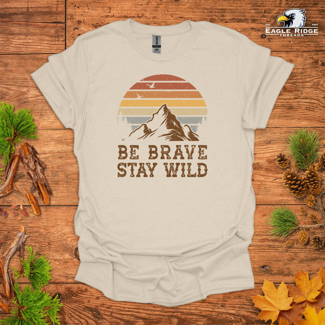 Be Brave Stay Wild • Hiking T-shirt • Retro Mountain Sunset Graphic