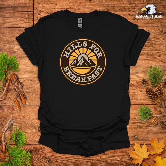 Hills For Breakfast • Hiking T-shirt • Sunrise Mountain Badge Graphic