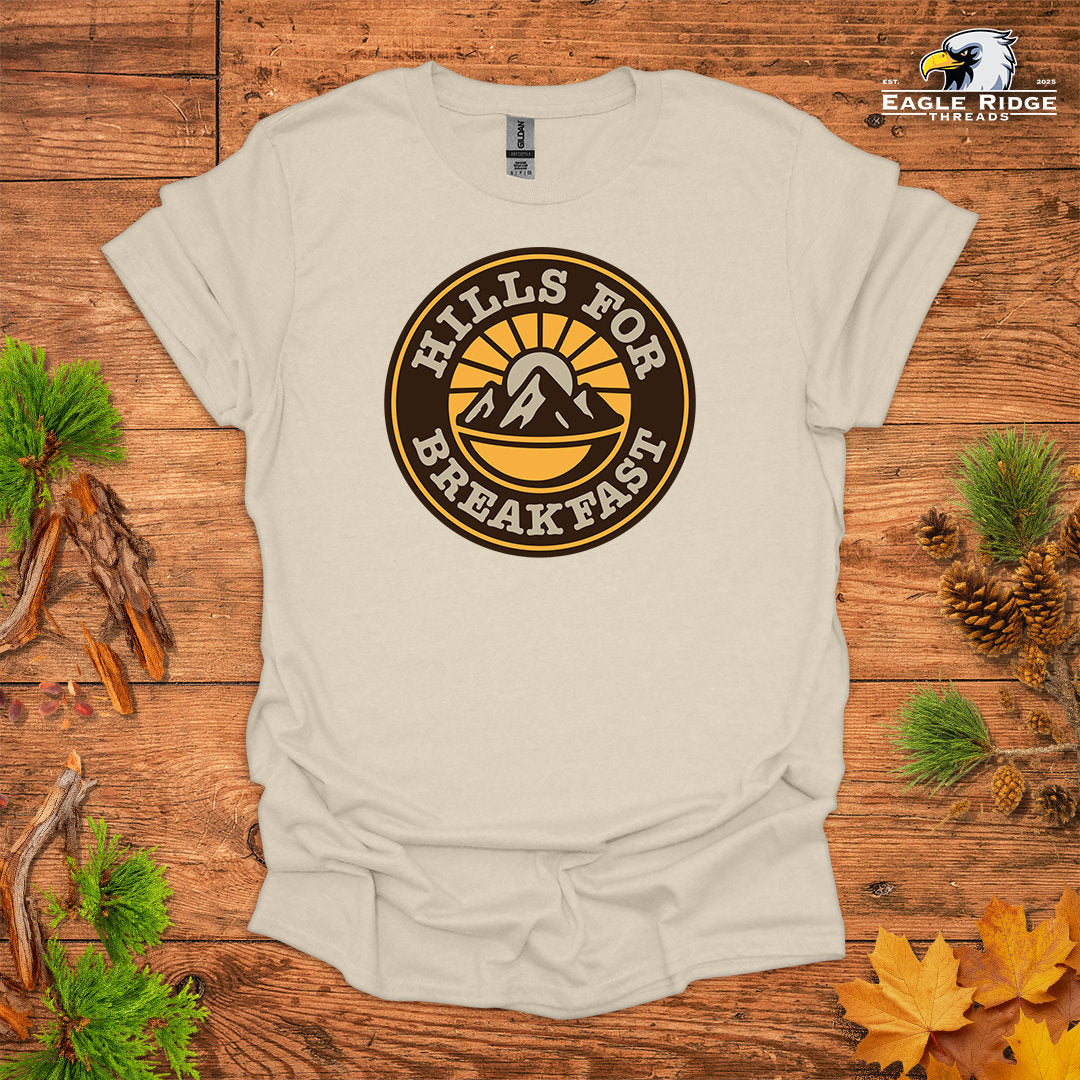 Hills For Breakfast • Hiking T-shirt • Sunrise Mountain Badge Graphic