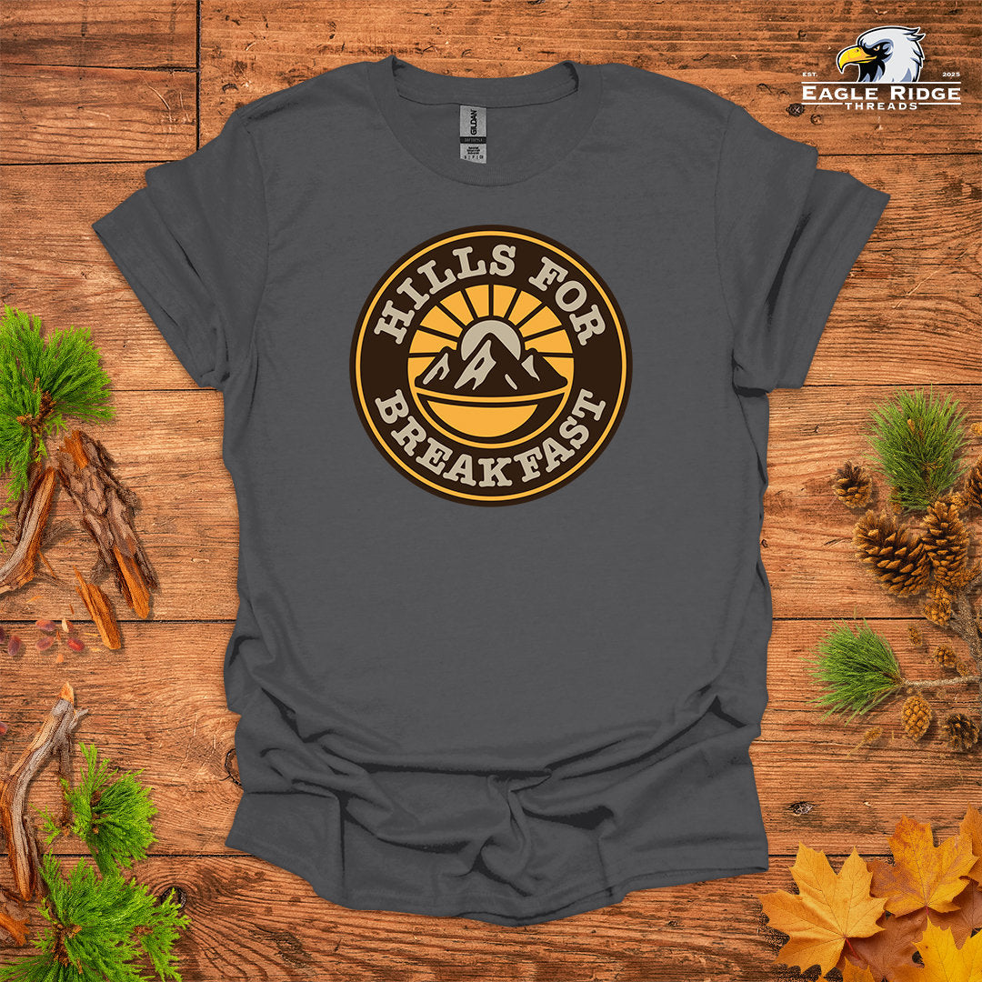 Hills For Breakfast • Hiking T-shirt • Sunrise Mountain Badge Graphic