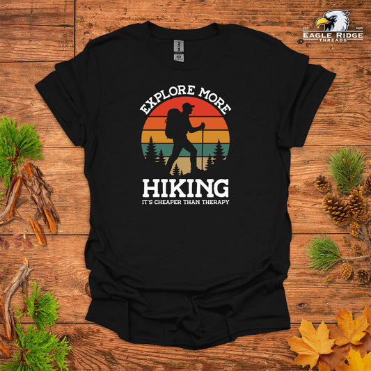 Explore More Hiking It’s Cheaper Than Therapy • Men's Hiking T-shirt • Retro Sunset Silhouette Graphic
