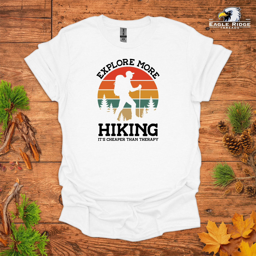 Explore More Hiking It’s Cheaper Than Therapy • Men's Hiking T-shirt • Retro Sunset Silhouette Graphic