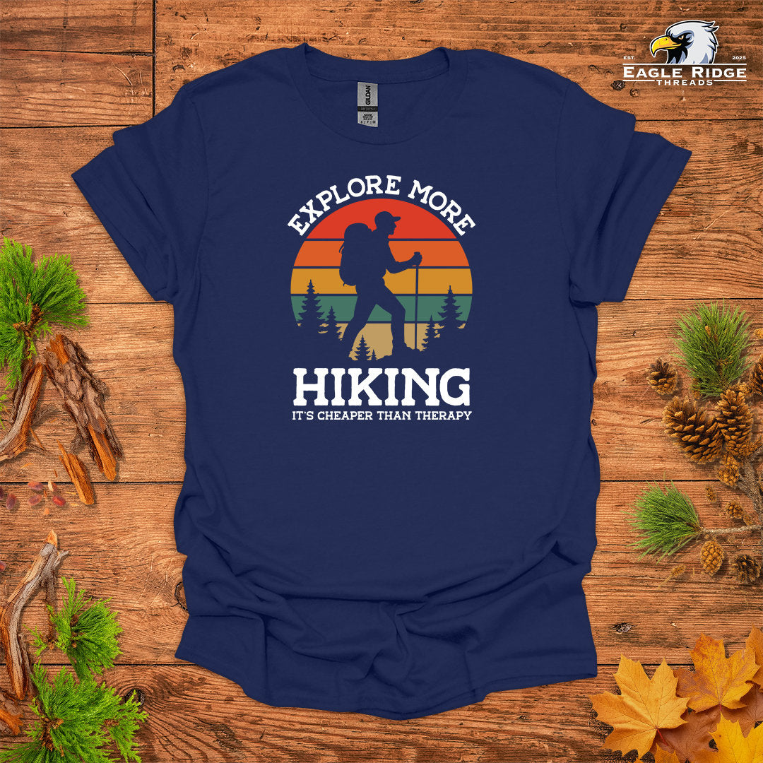 Explore More Hiking It’s Cheaper Than Therapy • Men's Hiking T-shirt • Retro Sunset Silhouette Graphic