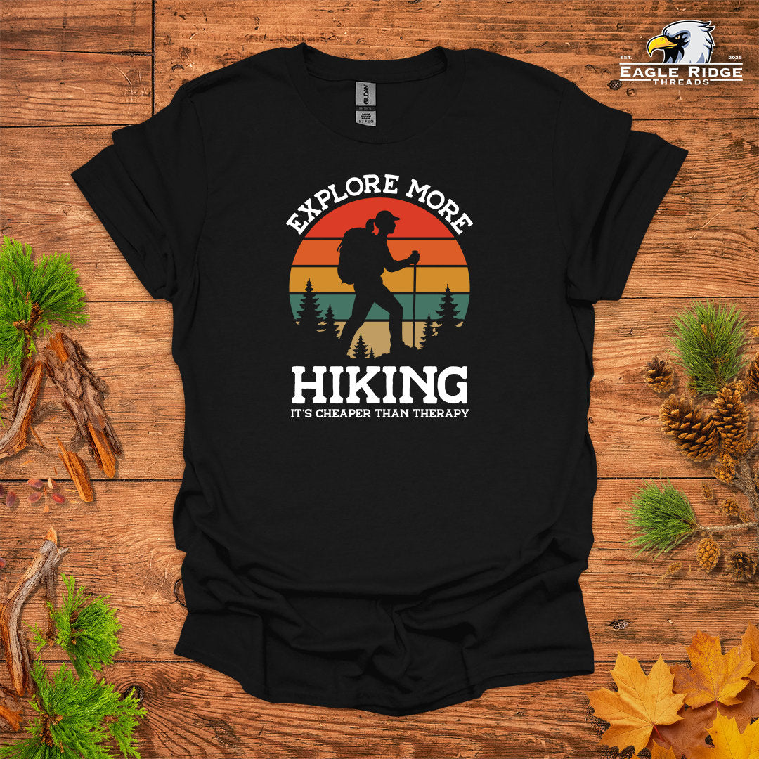 Explore More Hiking It’s Cheaper Than Therapy • Women's Hiking T-shirt • Retro Sunset Silhouette Graphic