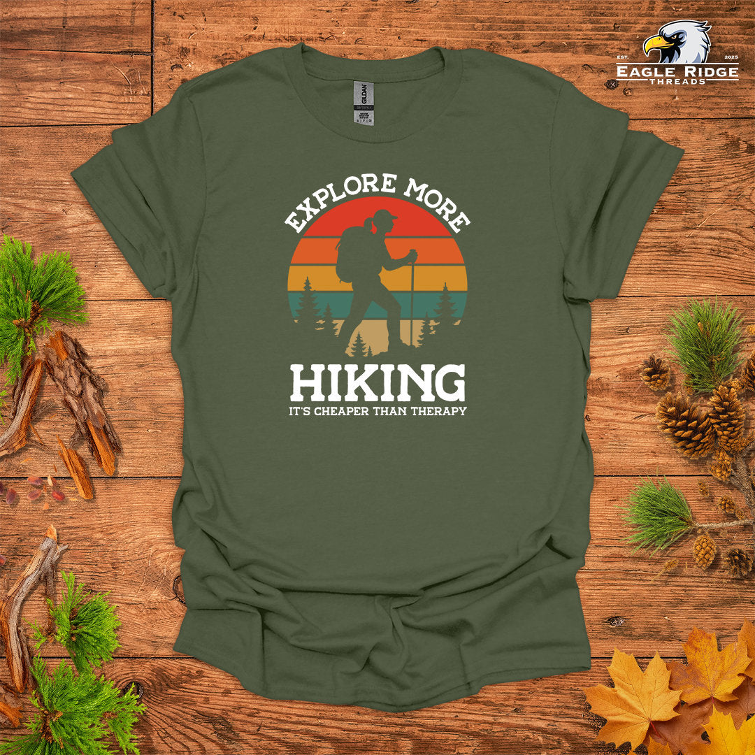 Explore More Hiking It’s Cheaper Than Therapy • Women's Hiking T-shirt • Retro Sunset Silhouette Graphic