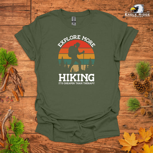Explore More Hiking It’s Cheaper Than Therapy • Women's Hiking T-shirt • Retro Sunset Silhouette Graphic