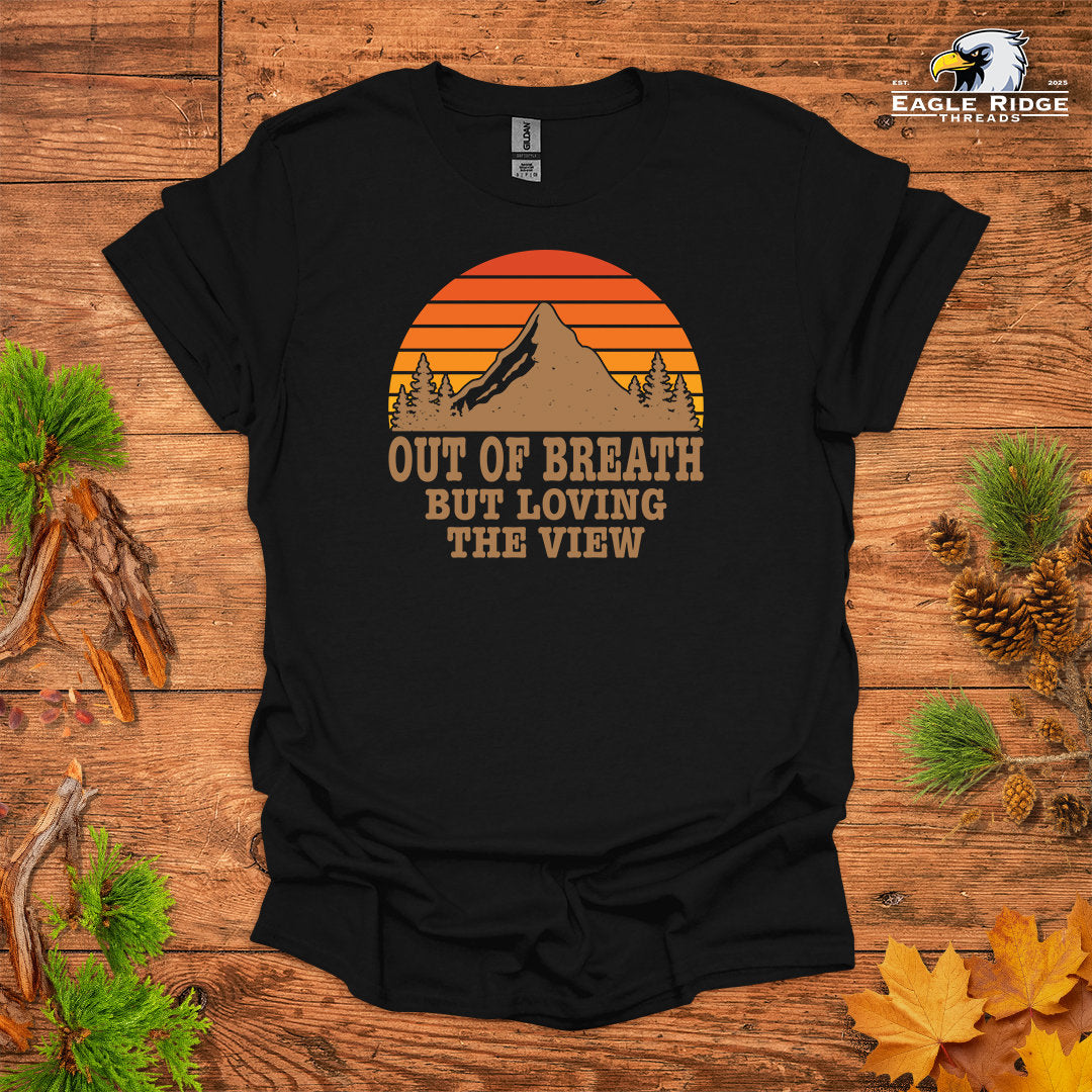 Out Of Breath But Loving The View • Hiking T-shirt • Retro Mountain Sunset Graphic