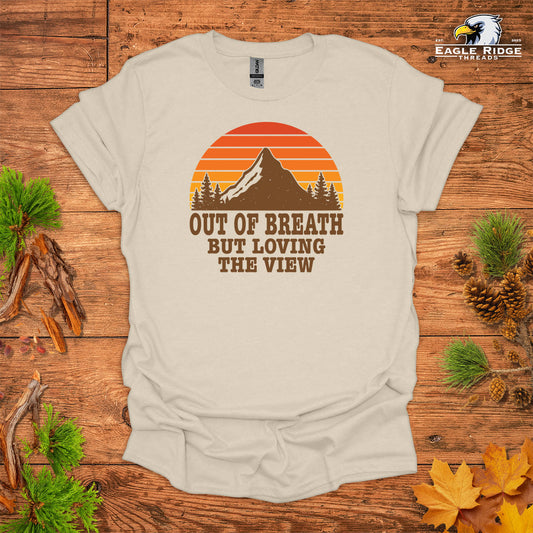 Out Of Breath But Loving The View • Hiking T-shirt • Retro Mountain Sunset Graphic