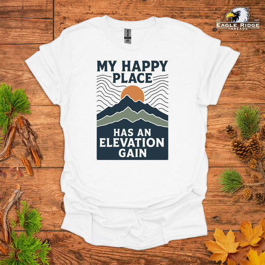 My Happy Place Has An Elevation Gain • Hiking T-shirt • Mountain Sunset Graphic