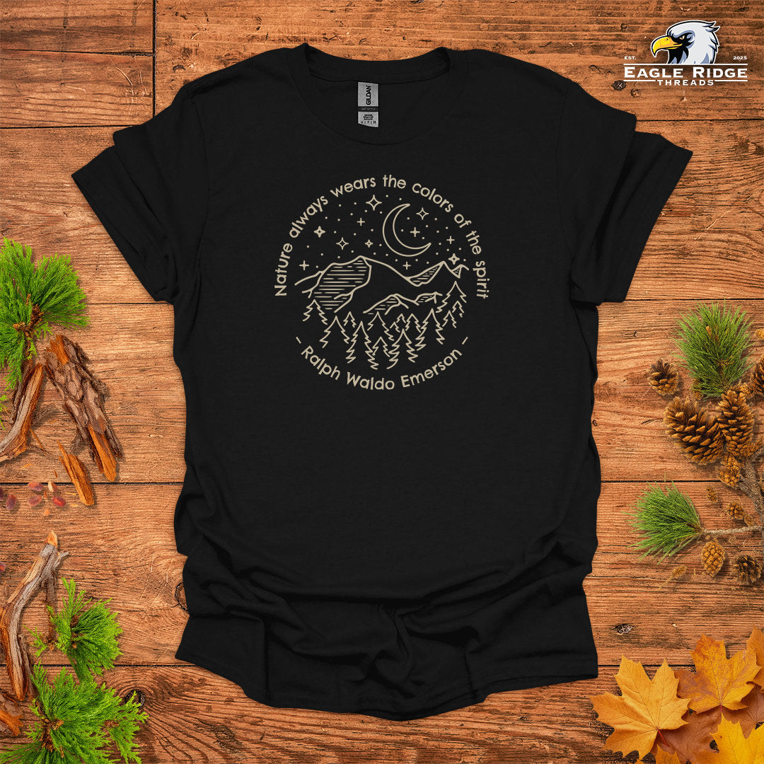 Nature Always Wears The Colors Of The Spirit – Ralph Waldo Emerson • Hiking T-shirt • Night Sky Mountain Graphic